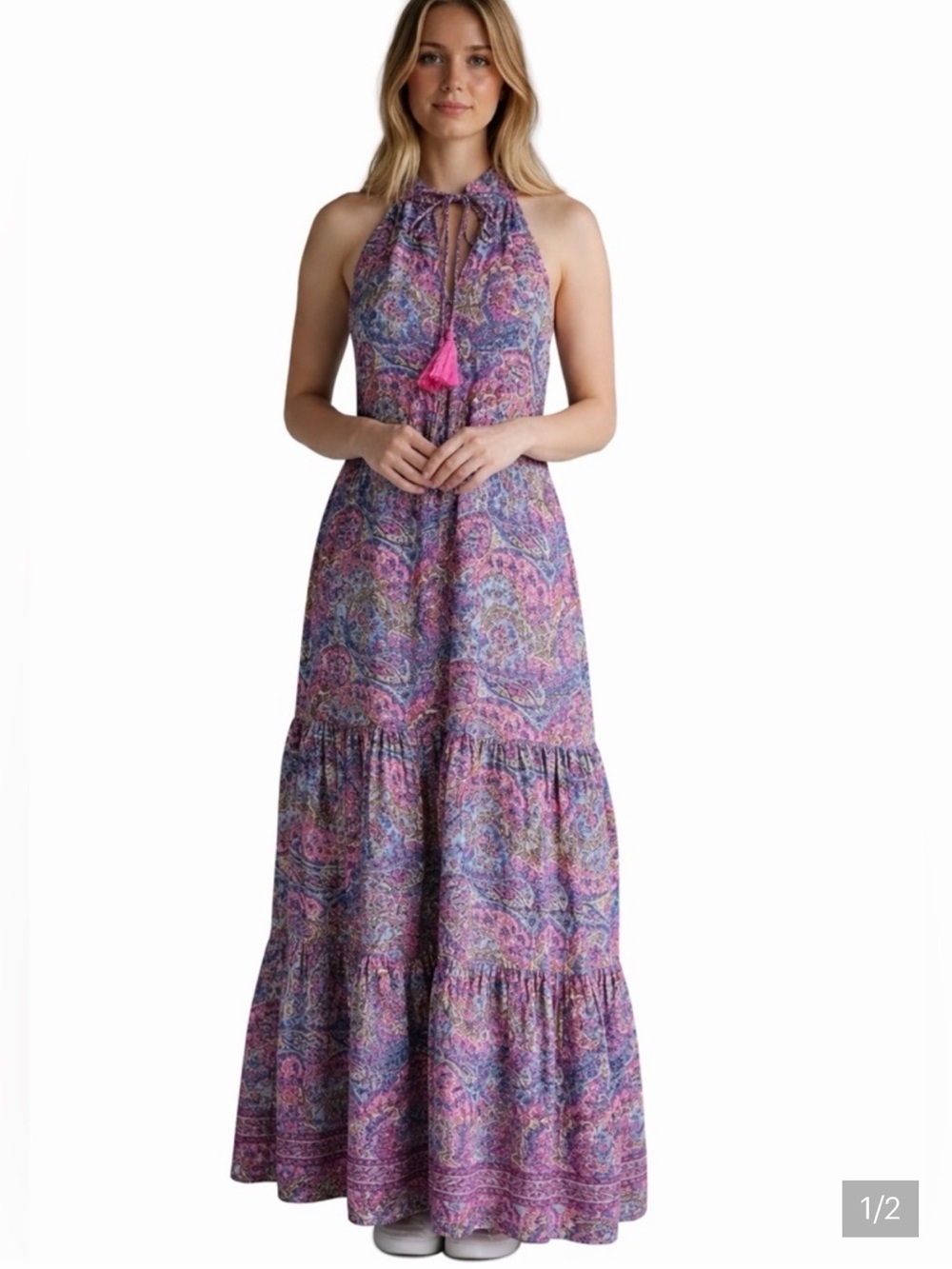 Boho Tie-Neck Maxi Dress in Purple Paisley - Picture 1 of 5